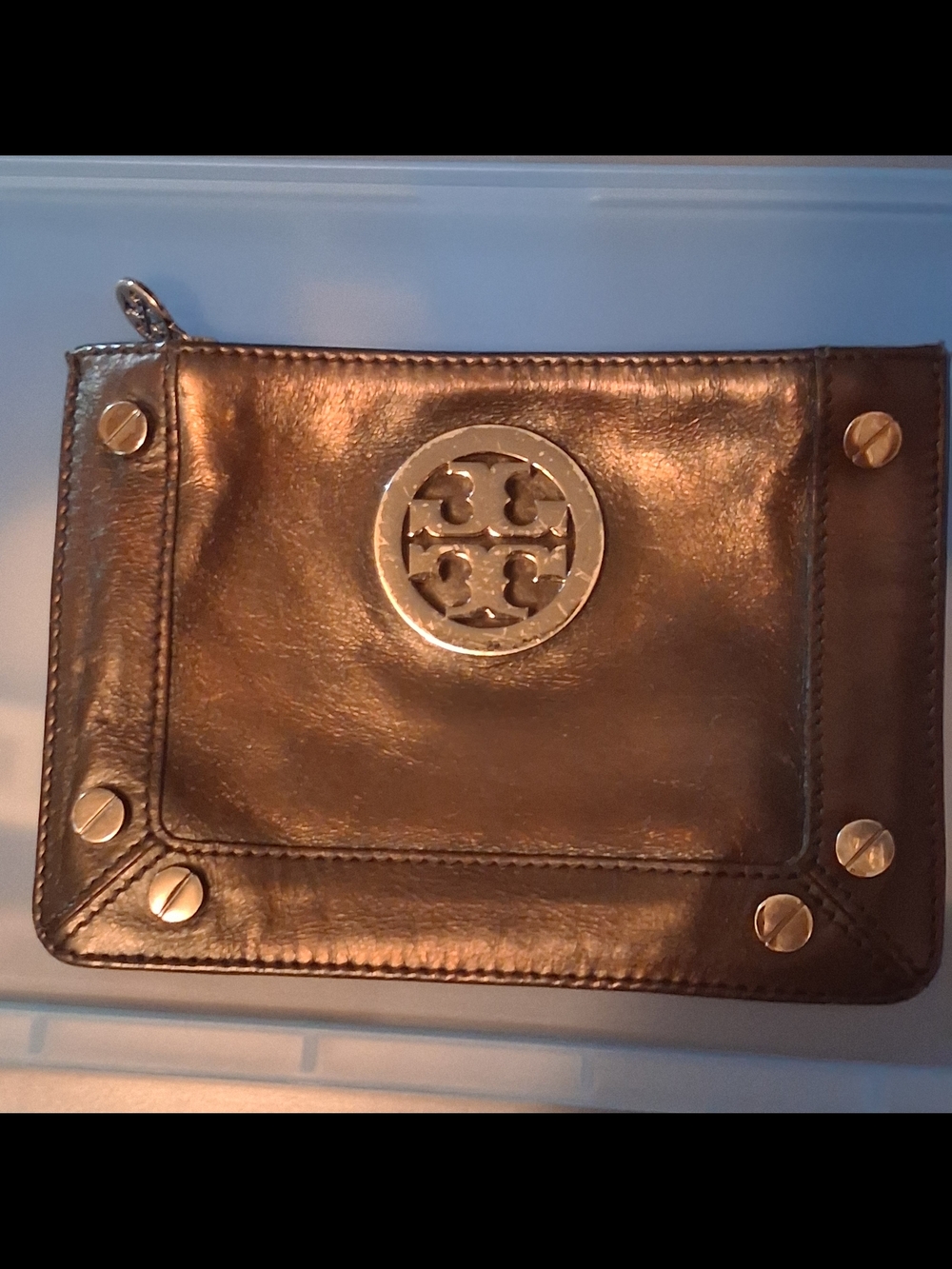 Tory Burch Black Metallic  Leather Logo Wristlet with Silver Hardware